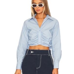 L'Academie Light Blue Ruched Cropped Button-Up Shirt